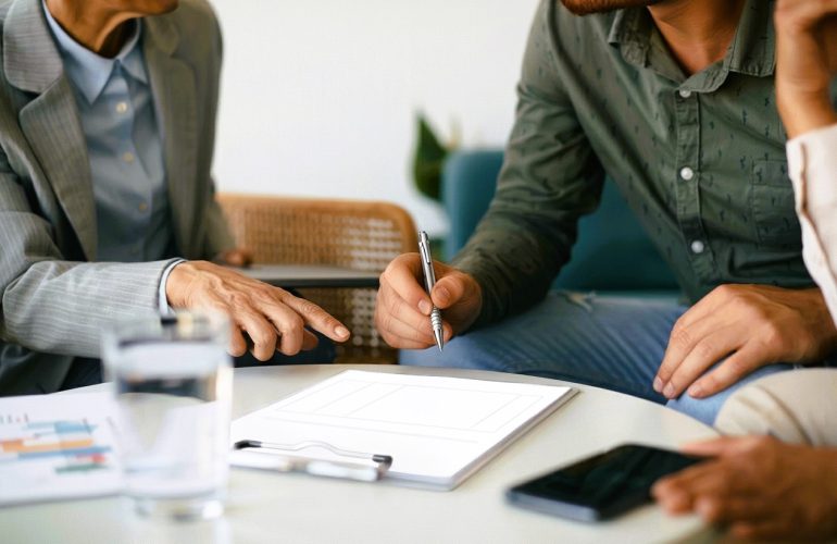 Professional consultant pointing at a contract on a clipboard while a client signs it during a business meeting